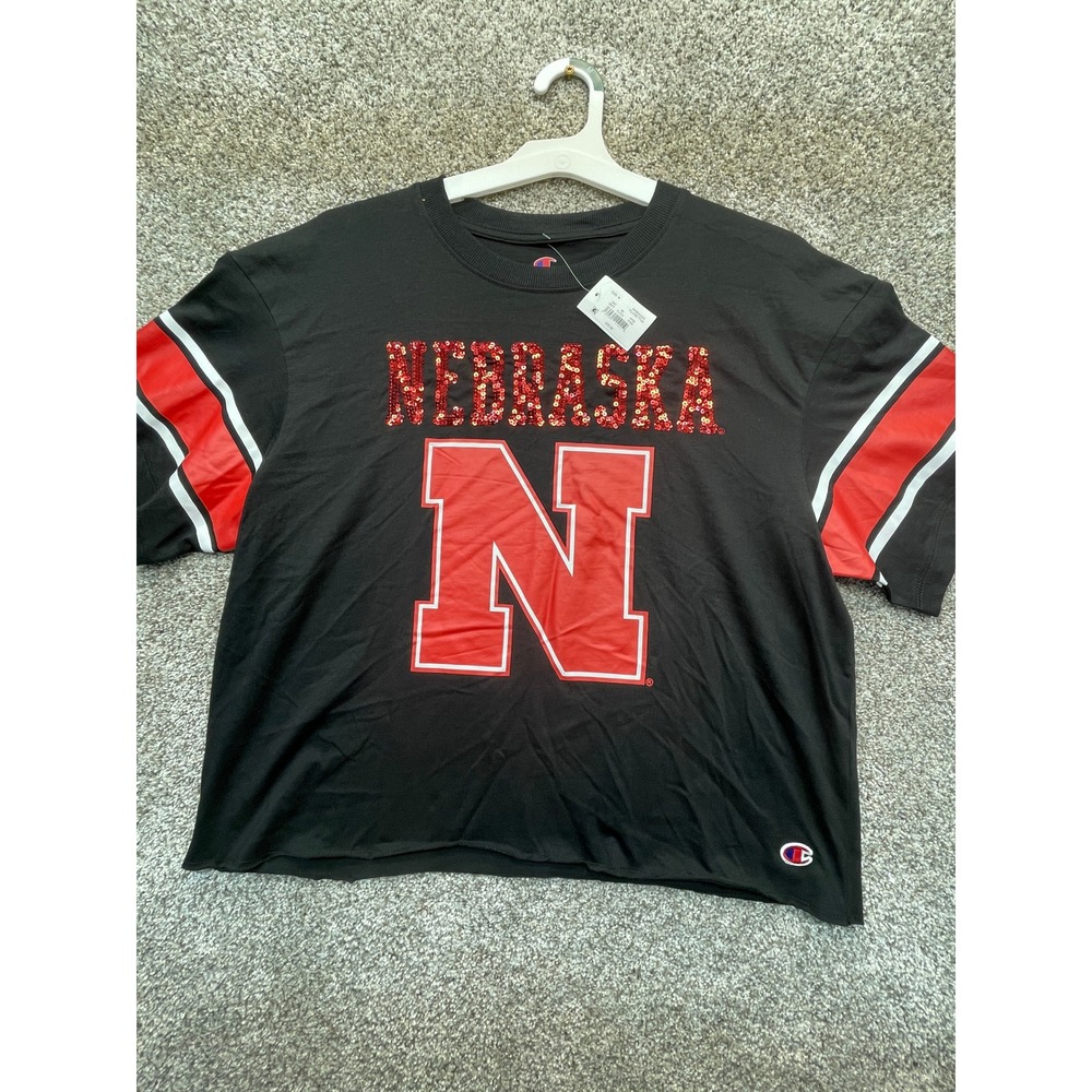 Champion Nebraska T-Shirt Women M Black NEW Sequin Crop Raw Hem
